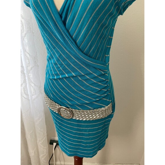 Vintage Deb Y2K Bodycon Dress Size Large Drop Waist Blue Striped Wrap Belted - Picture 4 of 9